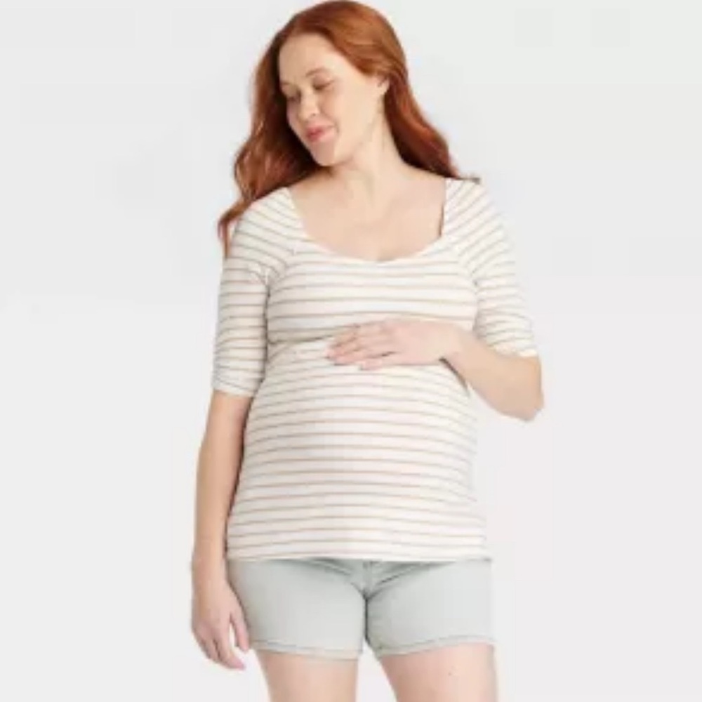 Ingrid & Isabel White and Tan 3/4 Sleeve Tee
